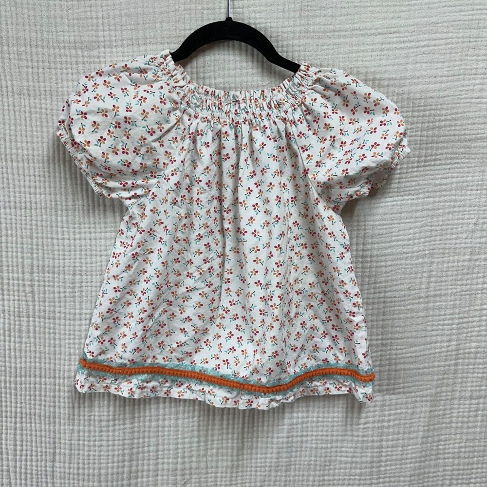 Persnickety Girls Micro Floral Peasant Top Puff Sleeve Trim Cream Orange Size 12